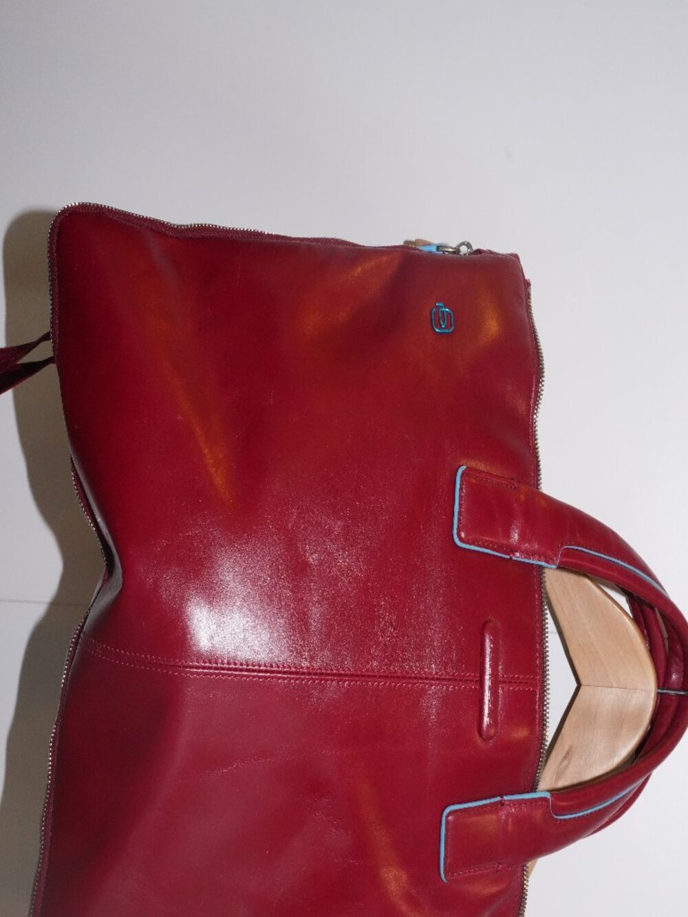 Piquadro Blue Square Leather Work Bag Red Crossbody